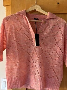 Soft Coral Openwork V-Neck Polo Sweater